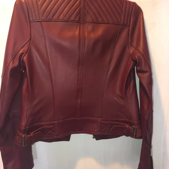 Michael Kors Burgundy Asymmetrical Leather Jacket - Picture 3 of 4